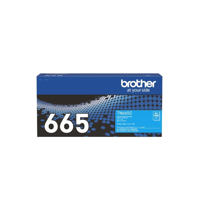 Brother TN-665C Original Cyan Standard Toner Cartridge, genuine Brother toner designed to deliver crisp, vibrant cyan colour prints with consistent quality and reliable performance for compatible Brother colour laser printers.
