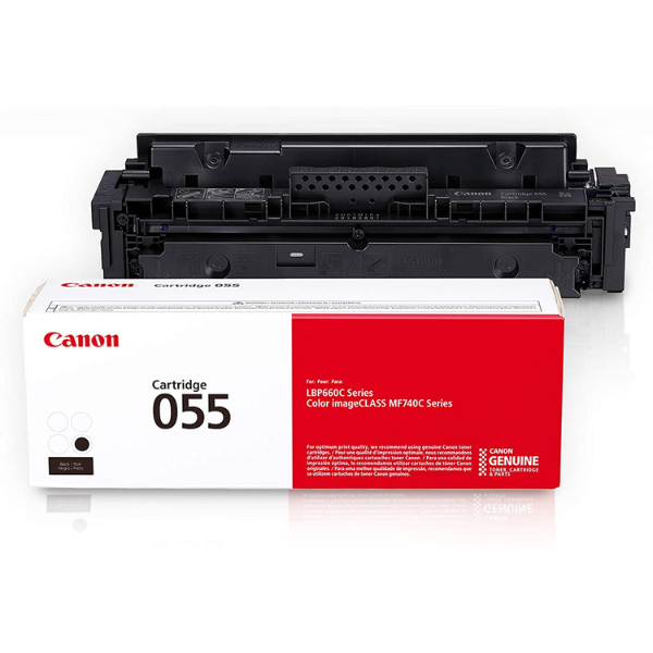 Canon CRG 055 black toner cartridge for laser printers, shown in its packaging, compatible with Canon printers.