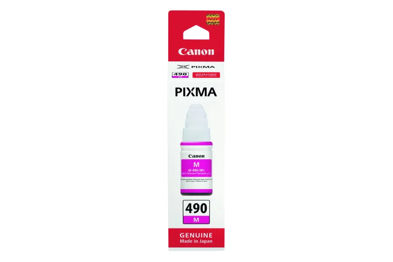Meimag Canon Pixma ink bottle GI-490 Magenta for printer ink refill, featuring a magenta ink bottle with label and cap.