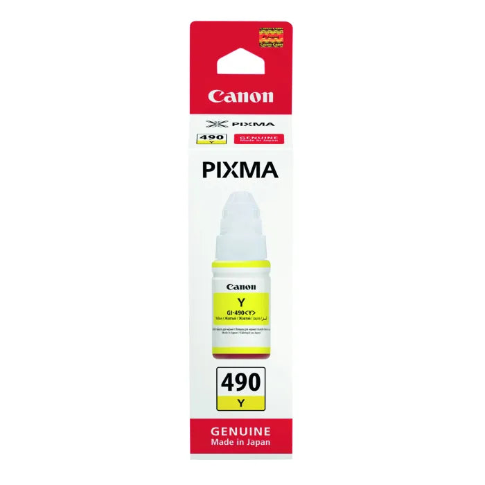 Meimag Canon Pixma ink bottle GI-490 yellow for inkjet printer, showing the yellow ink bottle with label and cap.
