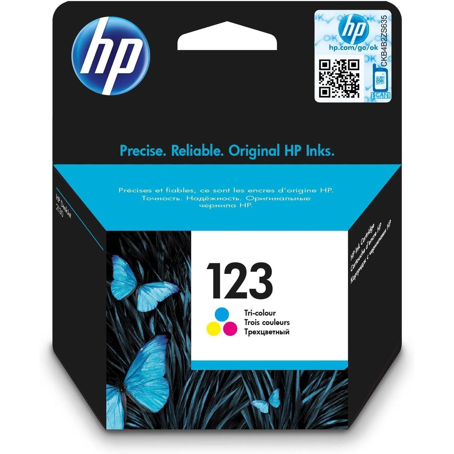 Meimag HP 123 tri-color original ink cartridge showing the colorful ink reservoir and packaging for HP printers.