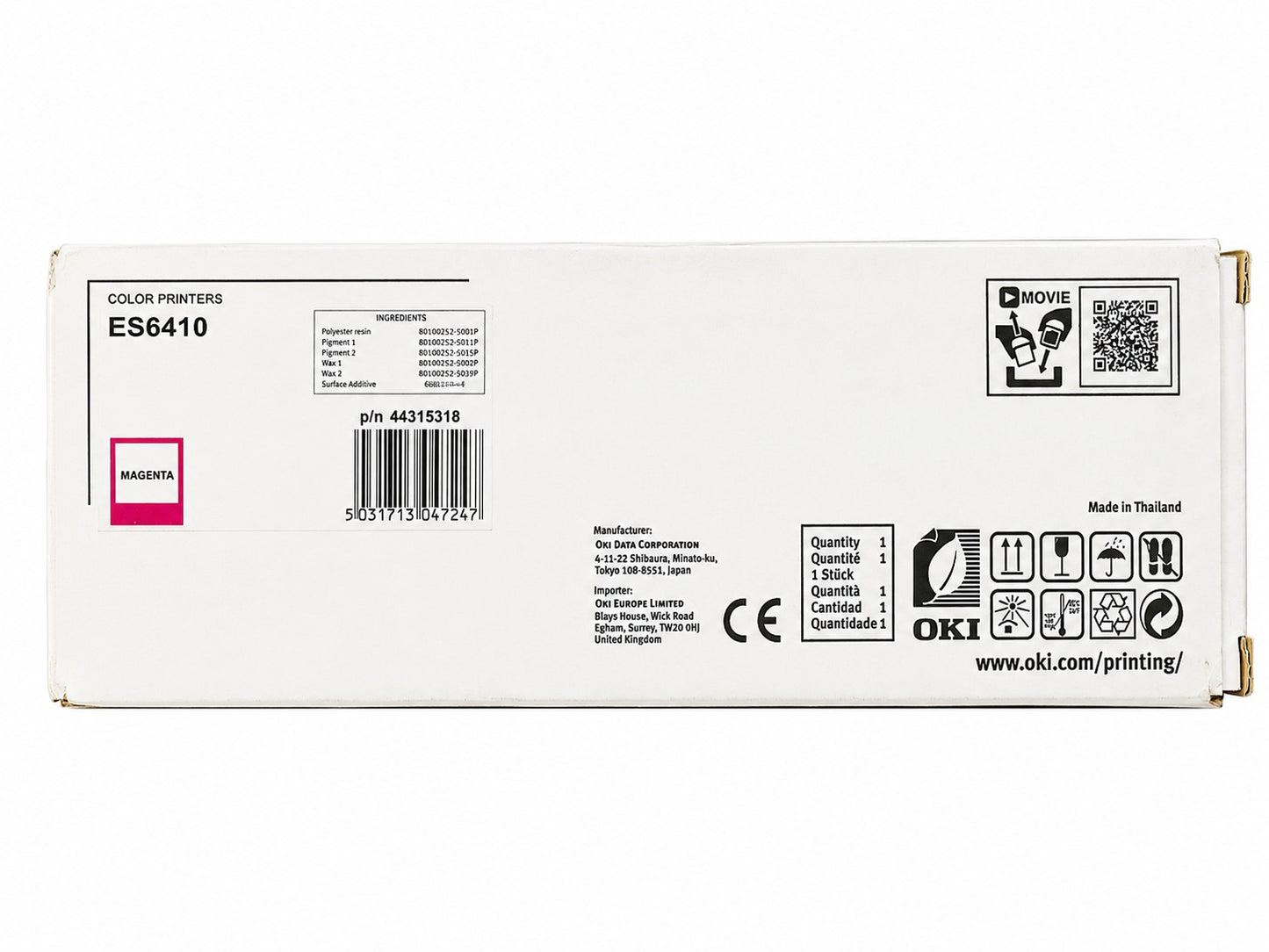 Back view of Meimag OKI ES6410 Magenta Original Toner cartridge for compatible printers.