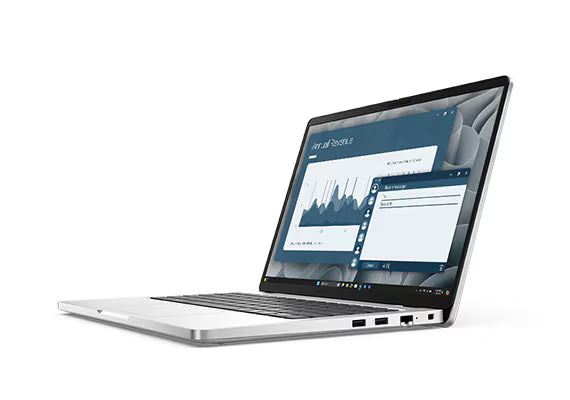 Dell Pro 14 Essential laptop with AMD Ryzen 7 processor, shown from a side angle, featuring a sleek silver design.
