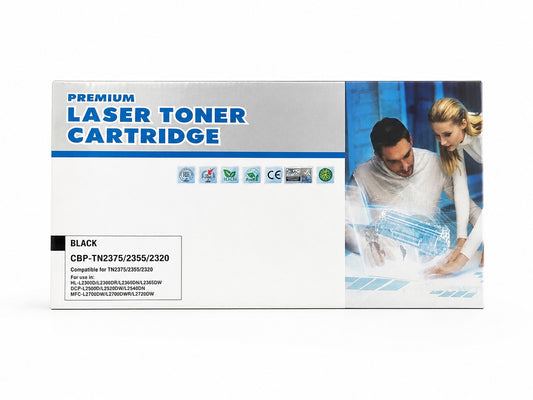 Meimag generic toner cartridges compatible with Brother TN2375, TN2355, and TN2320 models, shown in the image.