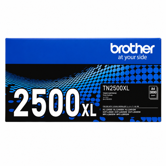 Brother TN-2500XL Original Black High Yield Toner Cartridge, genuine Brother high-yield toner for compatible laser printers, delivering sharp black text, consistent print quality, and extended page yield.