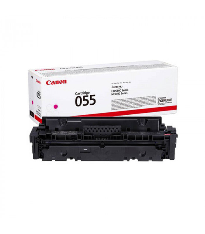 Canon CRG 055 magenta toner cartridge by Meimag, showing the sealed toner with label and packaging for laser printer use.