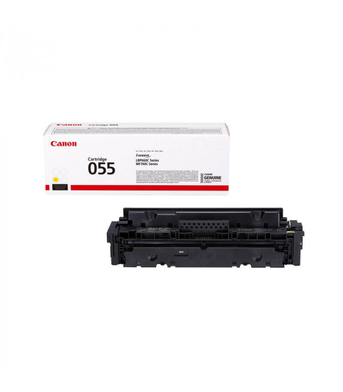 Canon CRG 055 yellow toner cartridge for laser printers, shown in a clear image with the packaging and toner container.