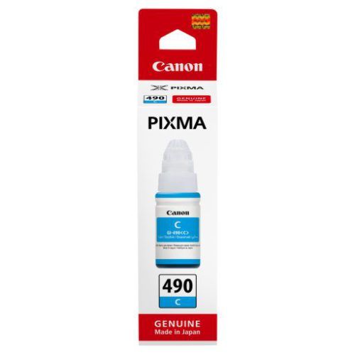 Meimag Canon Pixma ink bottle GI-490 Cyan with blue ink visible in a clear plastic bottle for inkjet printers
