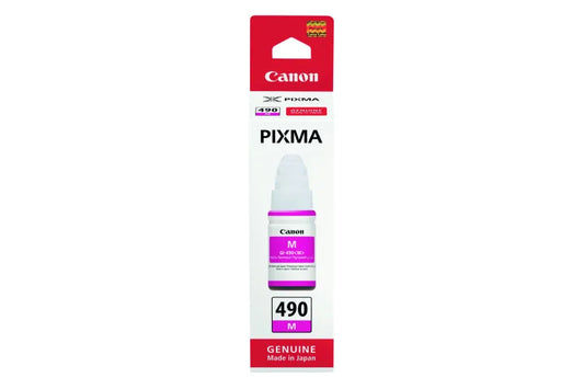 Meimag Canon Pixma ink bottle GI-490 Magenta for printer ink refill, featuring a magenta ink bottle with label and cap.