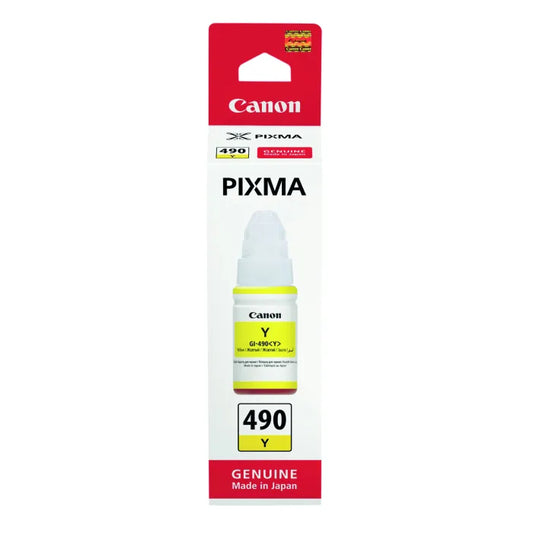 Meimag Canon Pixma ink bottle GI-490 yellow for inkjet printer, showing the yellow ink bottle with label and cap.
