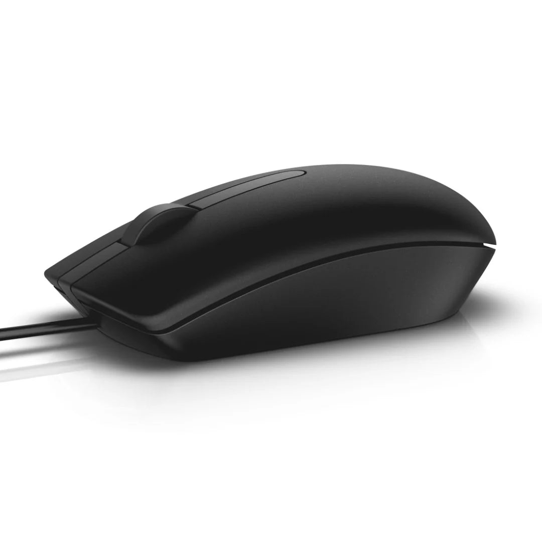 Black Dell MS116 USB optical mouse with ergonomic design and two buttons, ideal for everyday computer use.