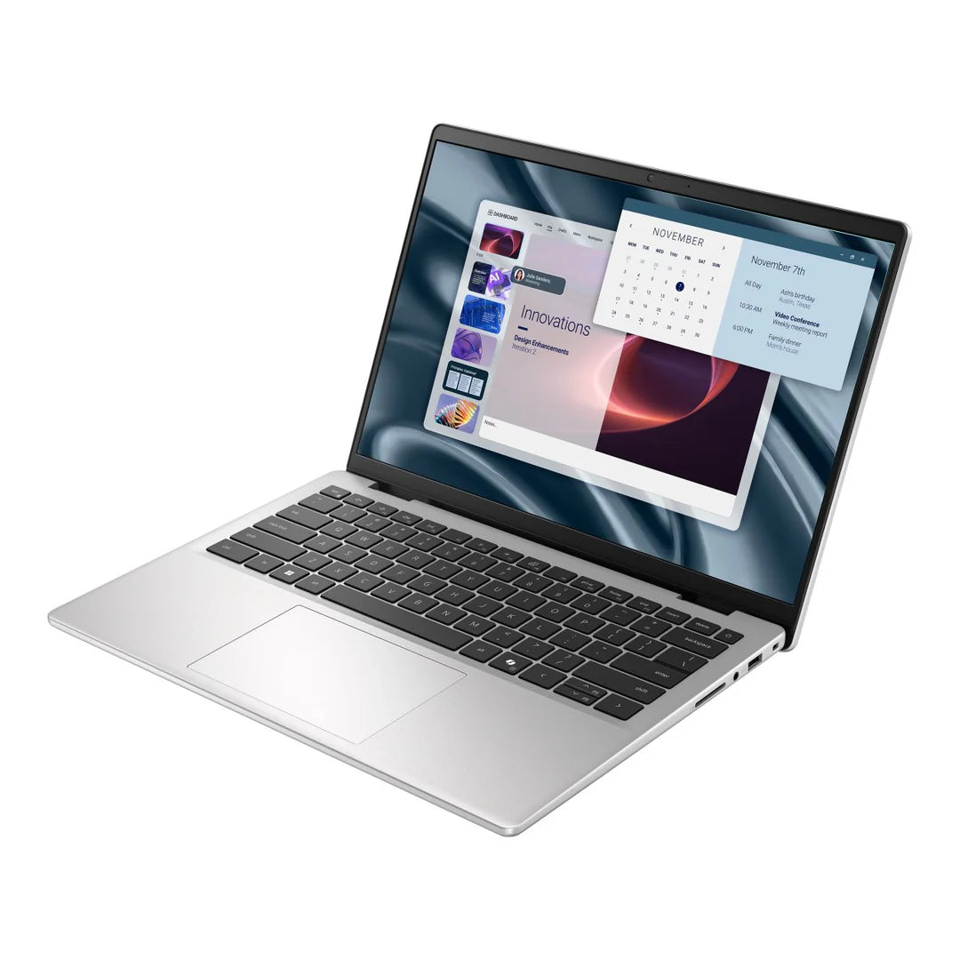 Dell Pro 14 Essential PV14250 laptop with Core 7 processor, displayed on a sleek wall wallpaper background.