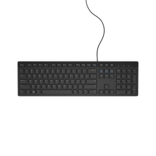 Dell KB216 wired keyboard in black with US International QWERTY layout, featuring full-size keys and a sleek design.