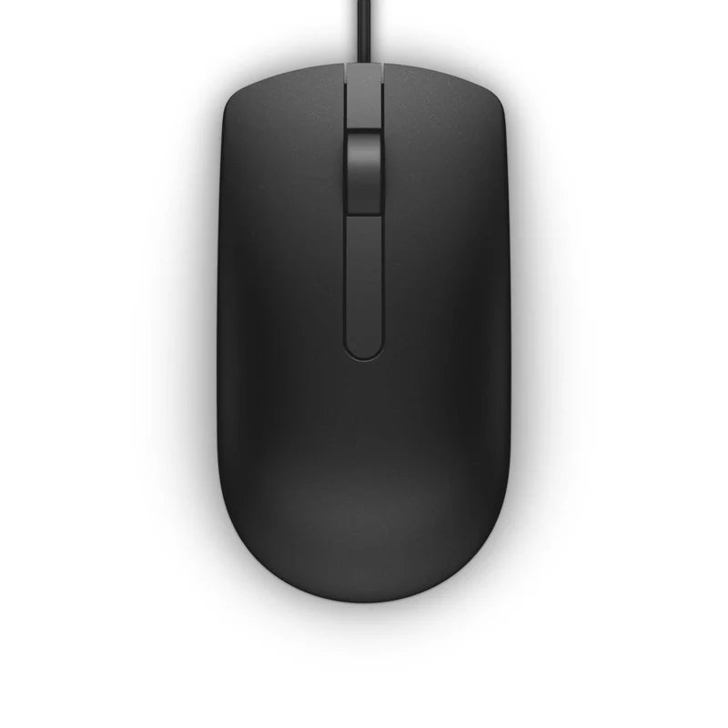 Black DELL MS116 USB optical mouse with ergonomic design, top view showing clickable buttons and scroll wheel.