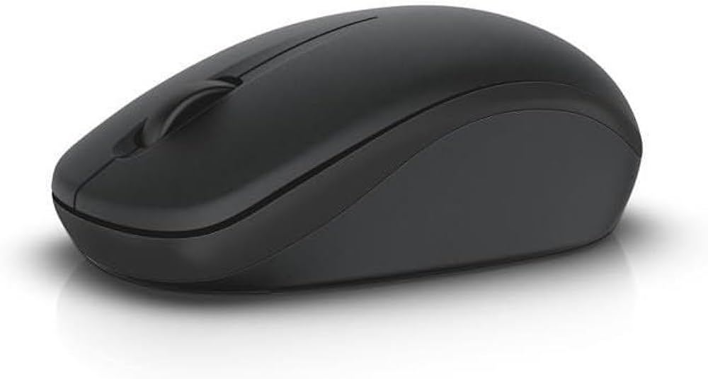 Side view of the Meimag DELL WM126 wireless black mouse showing its sleek design and compact shape.