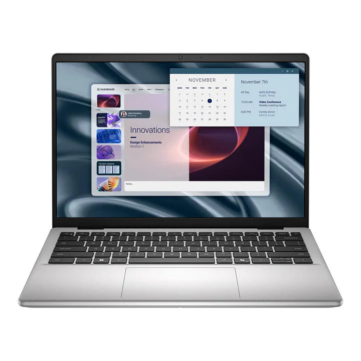 Dell Pro 14 Essential PV14250 laptop with Core i7 processor, shown in a sleek black design, featuring a keyboard and screen display.