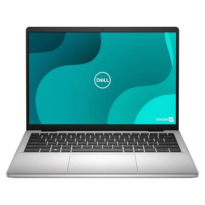 Dell Pro 14 Essential laptop with AMD Ryzen 7 processor, silver finish, open display showing keyboard and screen.