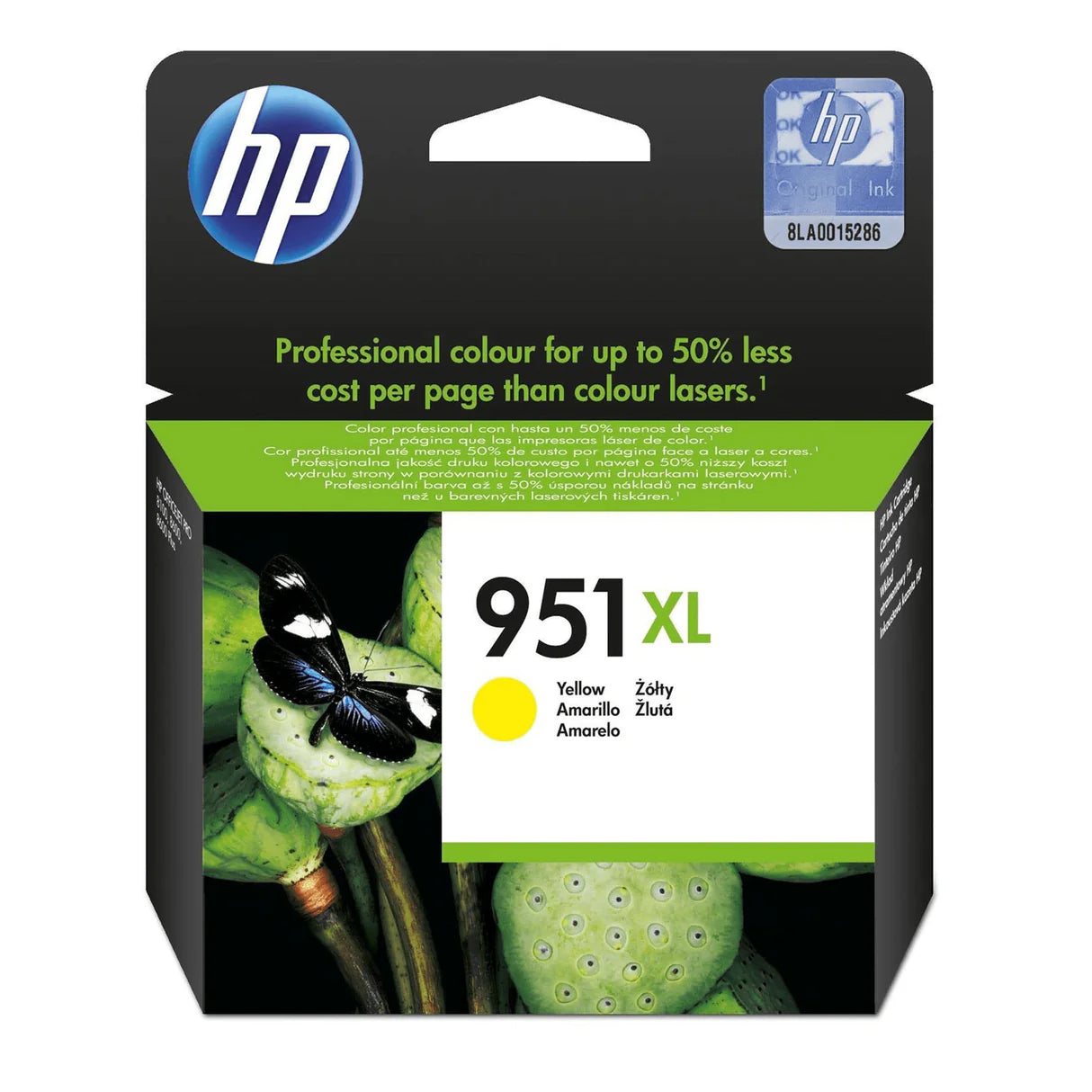 HP 951XL yellow high yield toner cartridge by Meimag, shown in packaging with yellow toner cartridge and label.