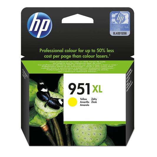 HP 951XL yellow high yield toner cartridge by Meimag, shown in packaging with yellow toner cartridge and label.
