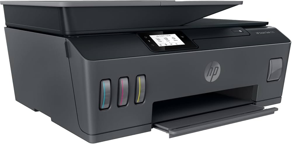 HP Smart Tank 530 wireless all-in-one printer with ink tank, touchscreen display, and paper tray in a sleek design