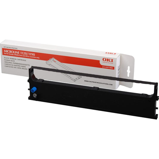 Genuine OKI Microline 1120 and 1190 black ribbon cartridge delivering sharp, reliable dot matrix printing for invoices, forms, and business document processing | Meimag Electronics