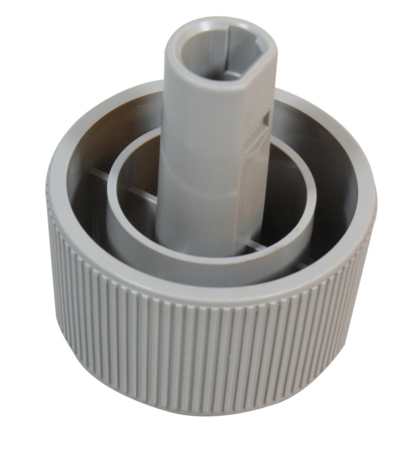 Front view of Meimag OKI platen knob, a replacement part for printer platen assembly with a black plastic finish.