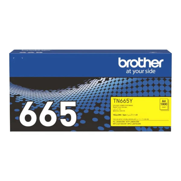 Brother TN-665Y Original Yellow Standard Toner Cartridge, genuine Brother toner designed to deliver bright, accurate yellow colour output with consistent quality and reliable performance for compatible Brother colour laser printers.