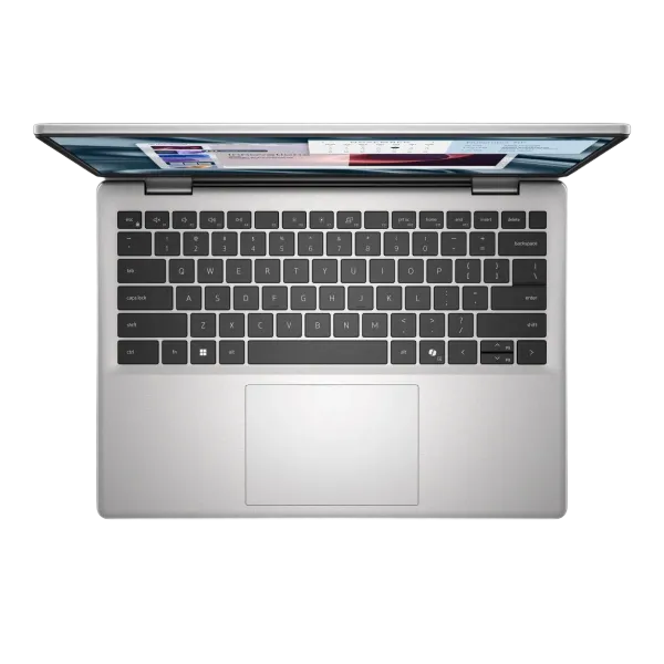 Dell Pro 14 Essential PV14250 laptop with core 7 processor, shown with open screen displaying desktop and keyboard in natural setting.